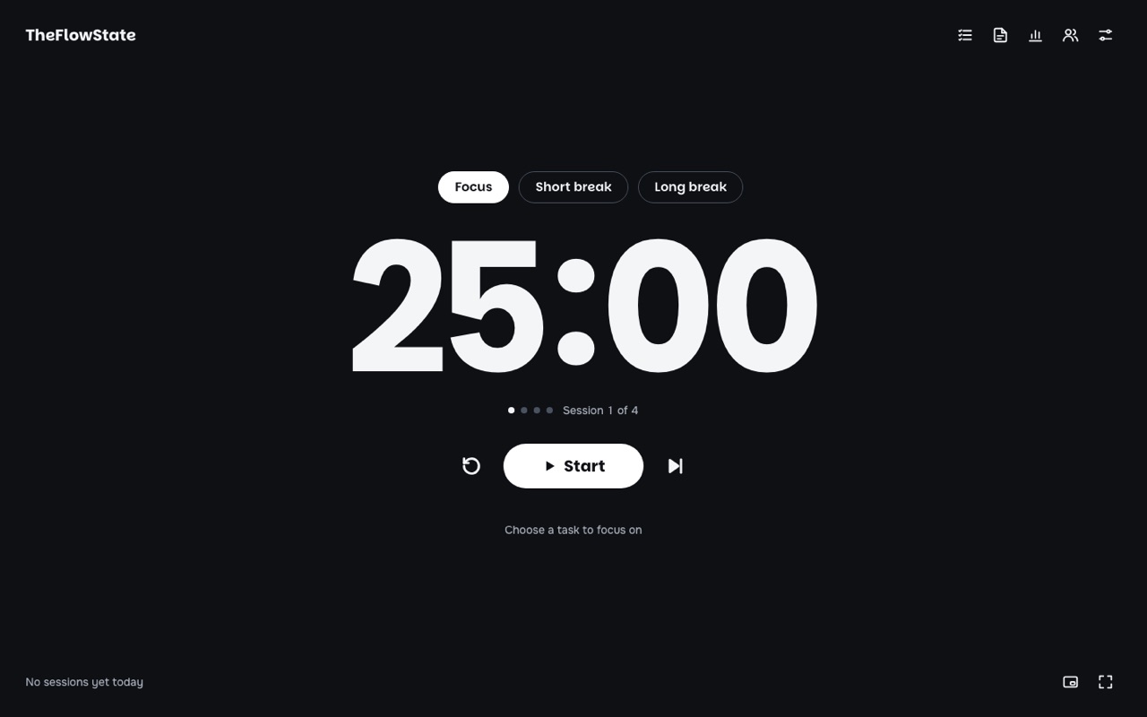 TheFlowState focus timer showing a 25 minute focus session